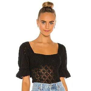 Free People Black Fitted Puff Sleeve Sprong Fling Blouse NWT